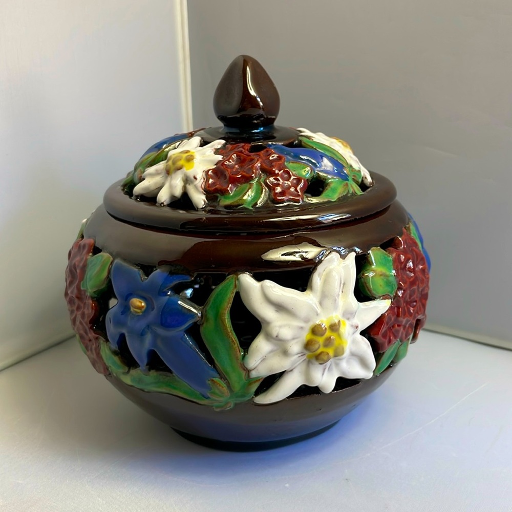 Vintage Liezen Austria Glazed TerraCotta Art Pottery Edelweiss Floral Bowl & Lid